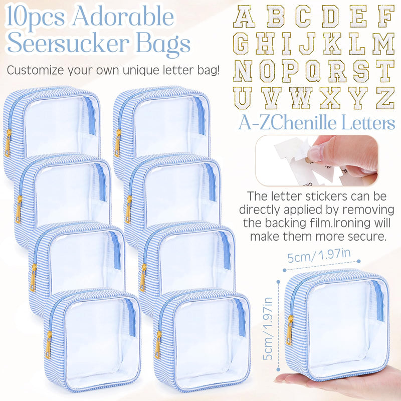 Sanwuta 10 Pcs Seersucker Mini Makeup Bags Bulk Initial A-z Chenille Letter Patches Clear Striped Zipper Pouch Small Travel Cosmetic Bag Purse Organizer for Women Wedding Bridesmaid Gift (Light Blue)
