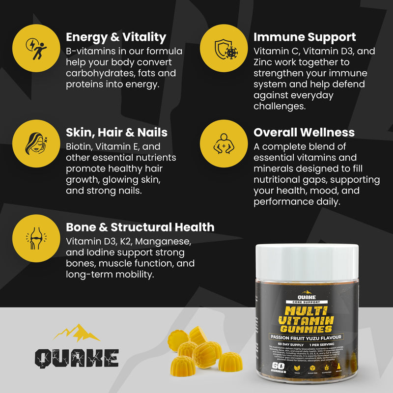Quake Multivitamin Gummies – High Strength Vitamins A, C, D3, E, K2 & B Complex – Daily Energy, Immune & Bone Support – Vegan, Sugar Free – Passion Fruit Yuzu – 60 Gummies (60 Day Supply)