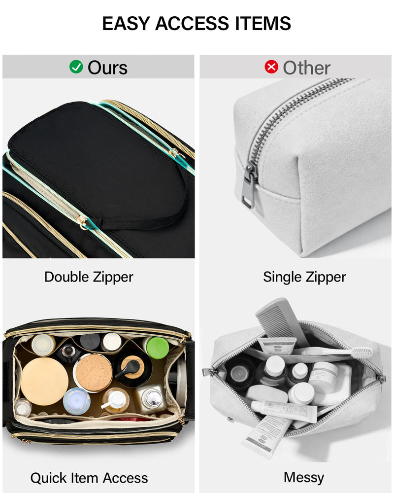 Hanke Travel Toiletry Bag, Lightweight Wide-open Makeup Bag, Dual-Layer Travel Bag for Toiletries Water-Resistant Cosmetic Bags Large Toiletry Bags for Women & Men, Travel Essentials, Black