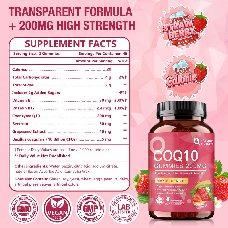 NATURE TARGET CoQ10 Gummies 200mg, Natural Strawberry Flavor, 90 Gummies | Coenzyme Q10 Supplement with Multivitamins, Beetroot, Probiotics for Heart & Energy Support, Powerful Antioxidant, Non-GMO 90 Count (Pack of 1)
