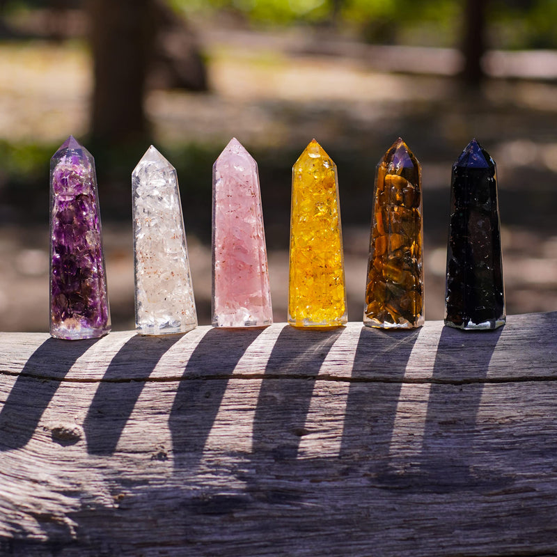 [Australia] - Healing Crystal Wand Set of 6 Orgonite – Includes 3” Amethyst Crystal, Tigers Eye, Rose Quartz, Black Tourmaline Stone, Citrine and Clear Quartz Orgone Crystal Plus Black Tourmaline Necklace 