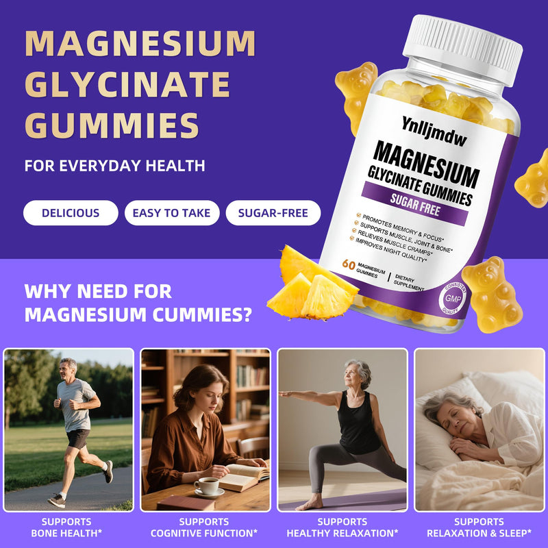 Magnesium Glycinate Gummies 500mg 2 Pack, Magnesium High-Absorption | Magnesium with Calcium & Vitamins,High-Absorption, Supports Bone,Muscle&Sleep, Vegan,Non-GMO,Pineapple Flavor 60 Count (Pack of 2)