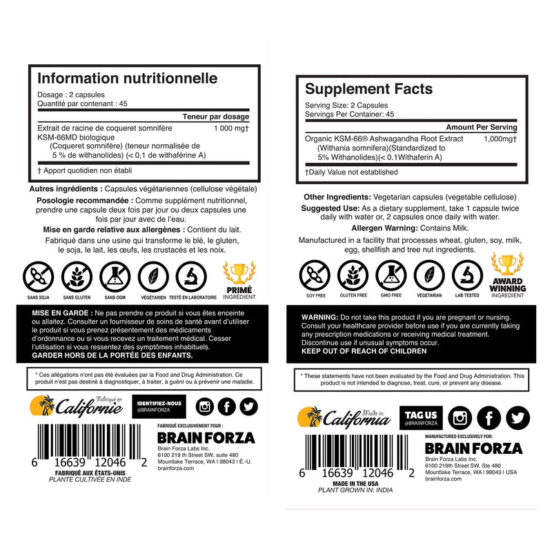 [Australia] - Brain Forza KSM-66 Ashwagandha Organic Pure Root Extract, Strongest 1,000mg Dose, High Potency 5% Withanolides, Hormone Health, Cognitive Support, Organic, Non-GMO, 90 Capsules 