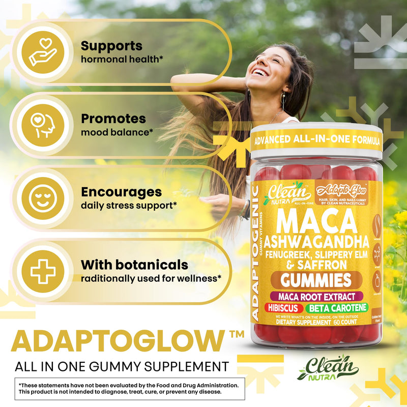 Clean Nutra Maca Root Gummies Ashwagandha Fenugreek Slippery Elm Saffron Hibiscus Beta Carotene Vitamin A for Women Macaroot Extract 60 Gummies Vegan Adaptogen Supplement Gummy Non GMO