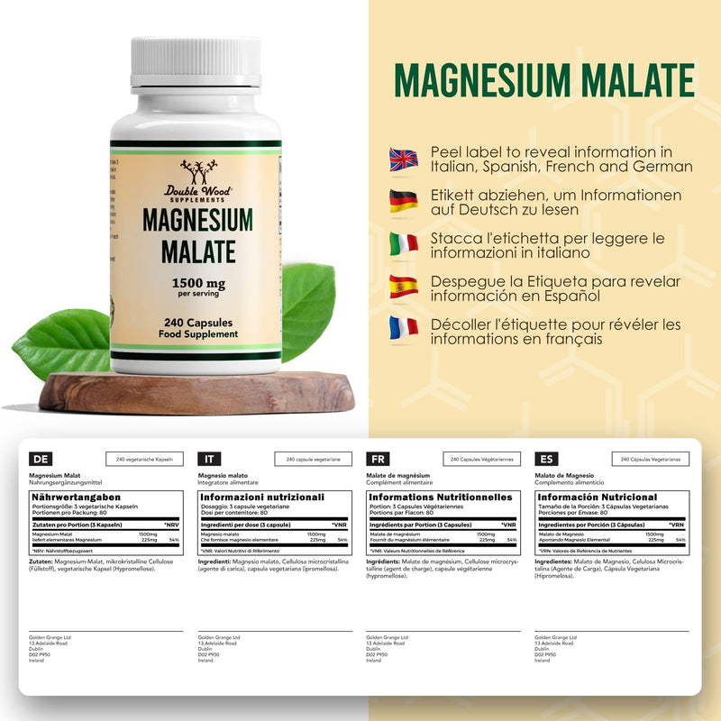 Double Wood Magnesium Malate Capsules | 240 High Strength Magnesium Malate Supplements | 80 Servings - 1500mg Malate per Serving | Supports Energy Levels, Muscle Pain and Recovery | UK Manufactured 240 count (Pack of 1)