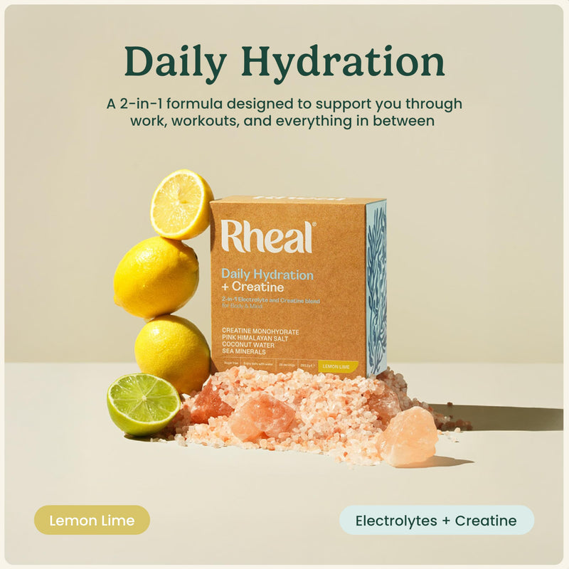 Rheal Hydration + Creatine Sachets, 28 Pack, Ready to Mix, Sugar Free Electrolytes with Creatine & Vitamins, Daily Hydration, Energy, Focus, Performance & Recovery – Lemon & Lime