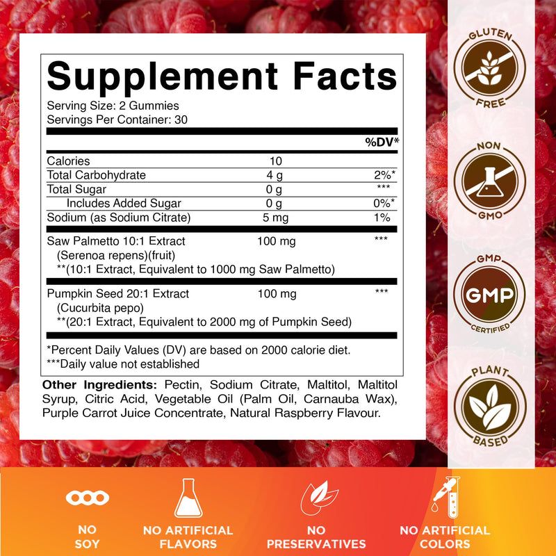 [Australia] - Vitamatic 2 Packs Sugar Free Pumpkin Seed Gummies- 3000 mg Equivalent Per Serving (from 20:1 and 10:1 Extract 200 mg) - Made with Saw Palmetto - Natural Raspberry Flavor - 60 Count 