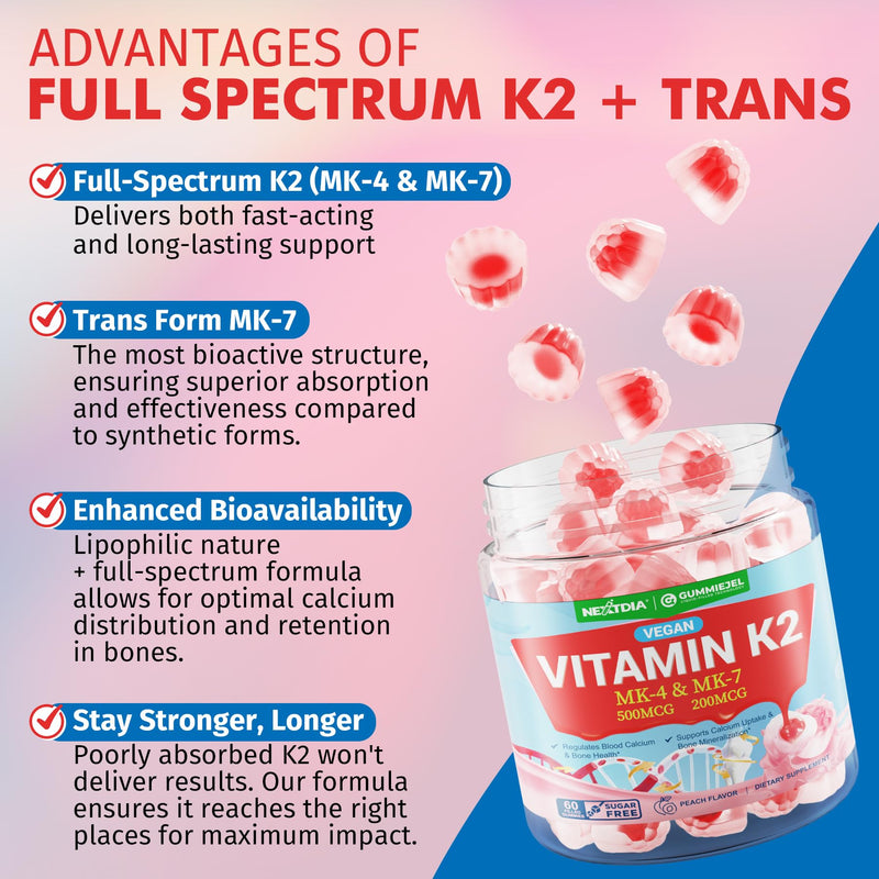 Vitamin K2 Gummies MK-7 200 mcg & MK-4 500 mcg for Women & Men Sugar Free, Perfect 2-IN-1 Full Spectrum Vitamin K2 Supplement for Bone, He-art, Promotes Calcium Absorption, Brain, Teeth, Immune,1Pack 60 Count (Pack of 1)