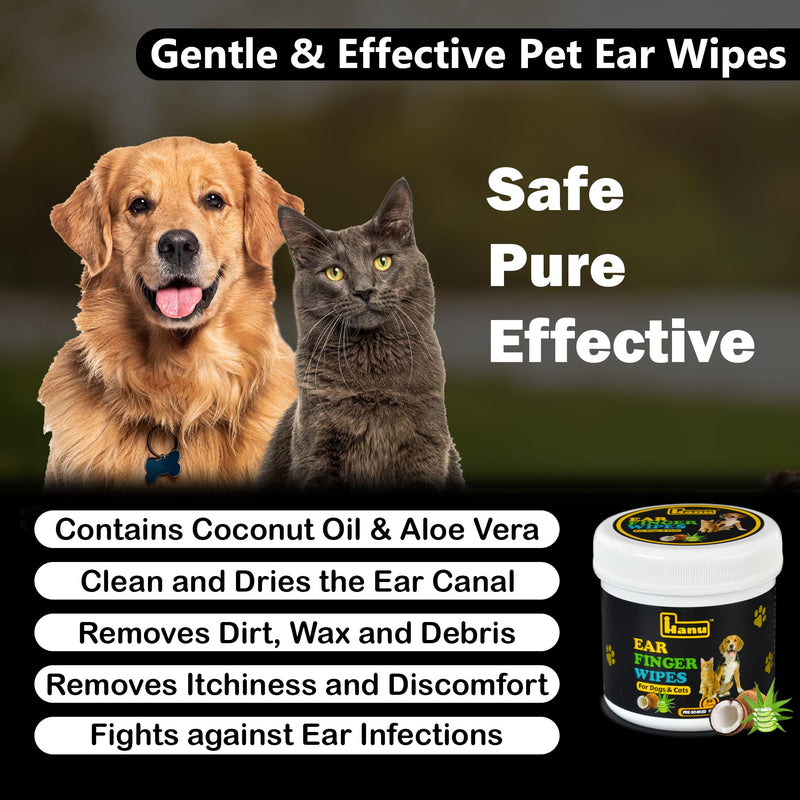 Hanu Ear Finger Wipes for Dogs & Cats Gently Remove Dirt, Wax & Debris - Relieve Ear Itching & Discomfort, Sooths & Deodorizes - All Natural Ingredients - Vet Recommended - 50 Count - PawsPlanet Australia
