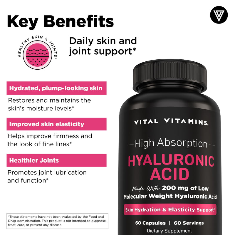 Vital Vitamins Hyaluronic Acid Supplements, 60 Capsules | 200mg Low Molecular Weight HA, Supports Skin Hydration, Elasticity & Joint Comfort, Vegan & Non-GMO 60 Count (Pack of 1) Hyaluronic Acid Pure