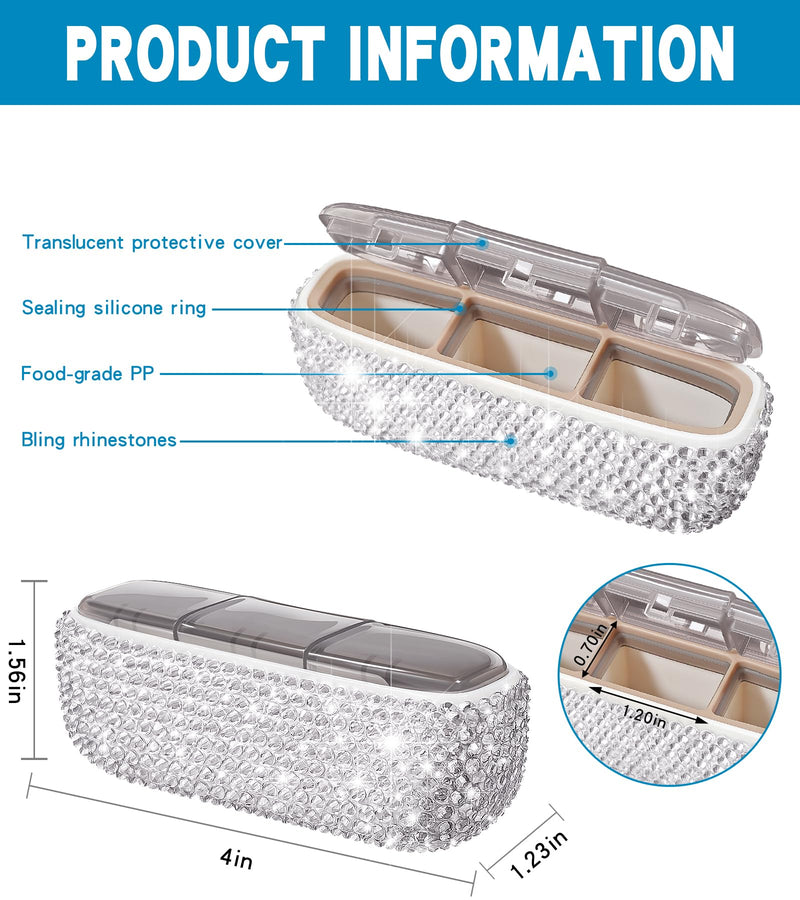 Bling Travel Pill Organizer Crystal Rhinestone 3 Compartments Independent Lid Portable Small Pill Case Box to Hold Vitamins Container for Pocket Purse Medicine Organizer