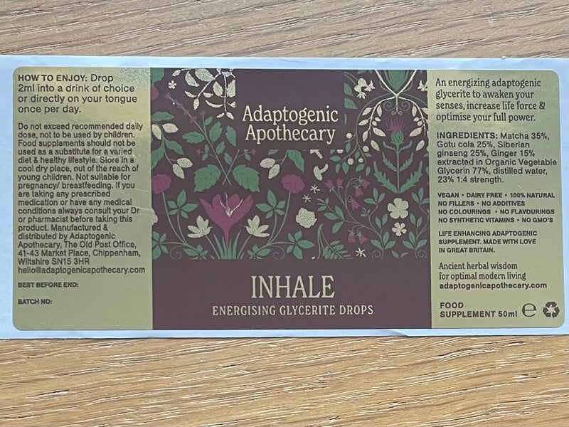 Inhale – Premium Vitality Drops | Daily Botanical Glycerite with Ginger, Matcha, Gotu Kola & Siberian Ginseng | Alcohol-Free | 50ml, 25 Servings | UK-Made, Vegan