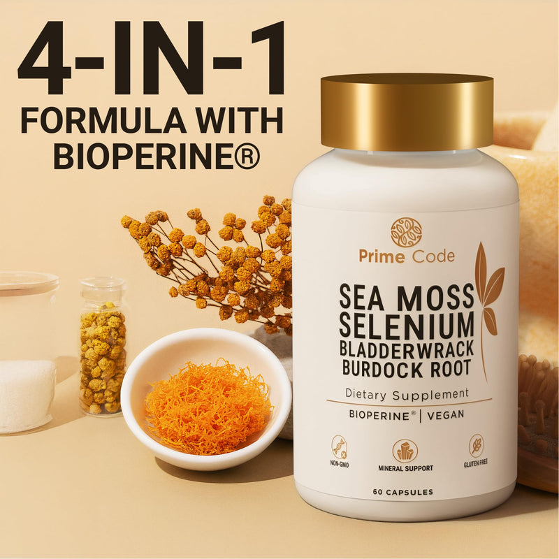 Prime Code Sea Moss Capsules with Selenium – 3-in-1 Blend with Bladderwrack & Burdock Root – Supports Immune Health & Daily Wellness – Vegan – 60 Capsules