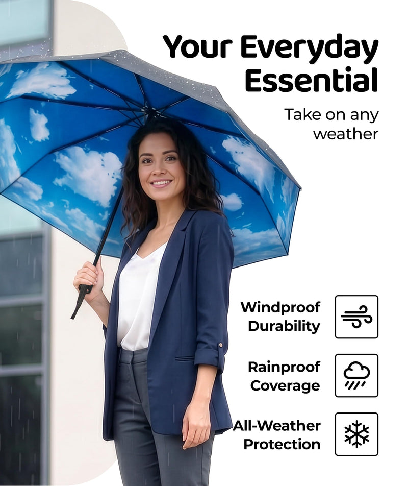 Windproof Travel Umbrella - Compact & Withstands Winds up to 100MPH, Strongest Premium Auto Folding Umbrella for Rain and Sun - Durable, Light & Portable for Women & Men, Fits Backpack & Cars Cloud Blue Standard
