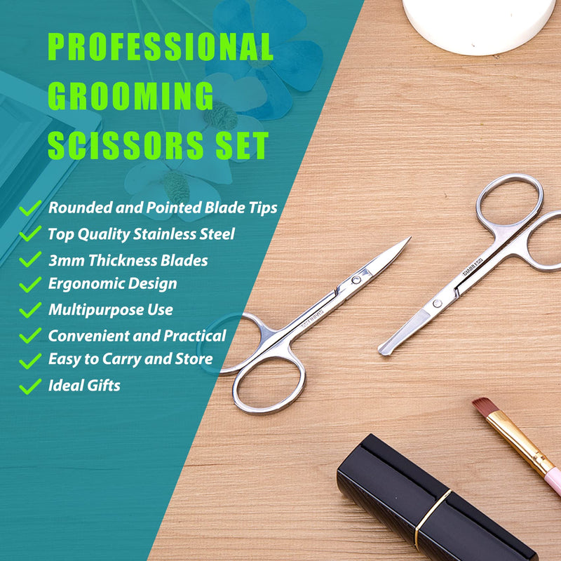 [Australia] - Small Grooming Scissors for Men and Women - Eyebrow, Nose Hair, Mustache, Beard Eyelashes, Ear Trimming Kit - Curved and Rounded Safety Tip for Cutting Hair - Stainless Steel 2 Pack 