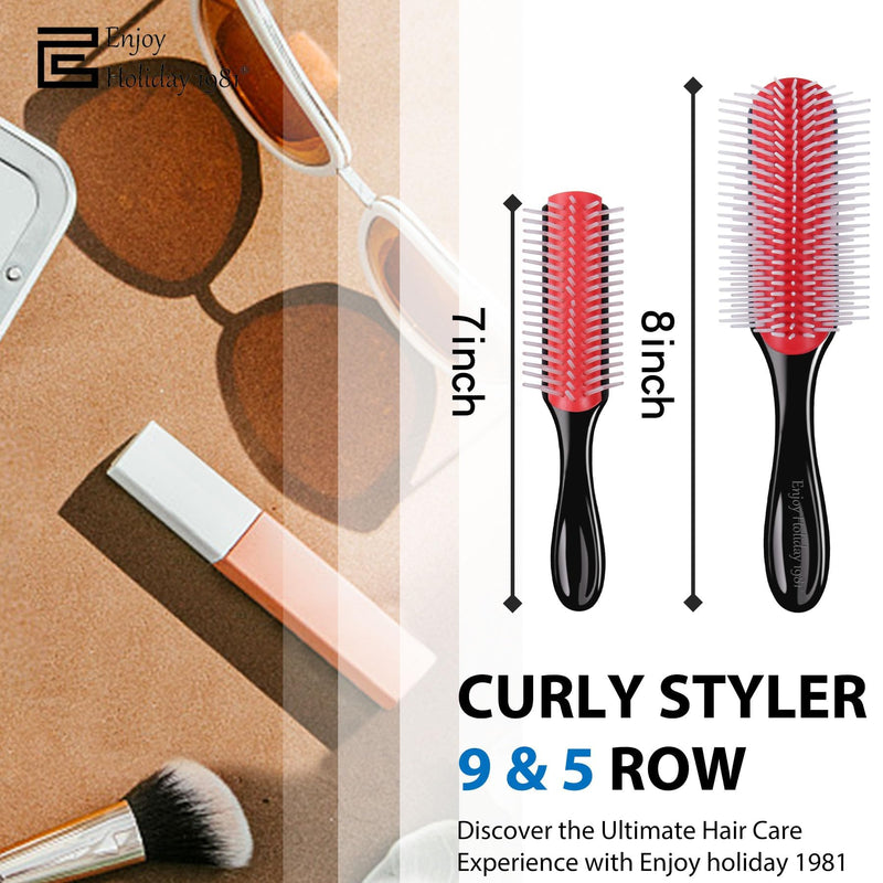 2 PCS Hair Brush for Women Men Curly Wet or Dry Hair 9 Row 5 Row Classic Styling Brushes for Natural Thick Hair, Blow Separating, Shaping Defining Detangling Curls Tools Travel Bristle Black Hairbrush Red 9 Row &5 Row