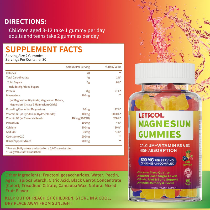 Magnesium Glycinate Gummies, Sugar Free Magnesium Supplement with Magnesium Malate, Calcium, Vitamin D3, B6, CoQ10 for Calm Support & Sleep for Adults Kids Mixed Fruit 60 Count (Pack of 1)