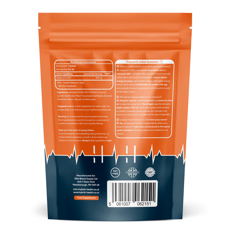 Hybrid Health CoQ10 Ubiquinol 300mg Supplement - 60 Easy-to-Swallow Softgels, 99% Purity Ubiquinol CoQ10, Independently Third Party Tested, 60 Servings, 2 Months Supply
