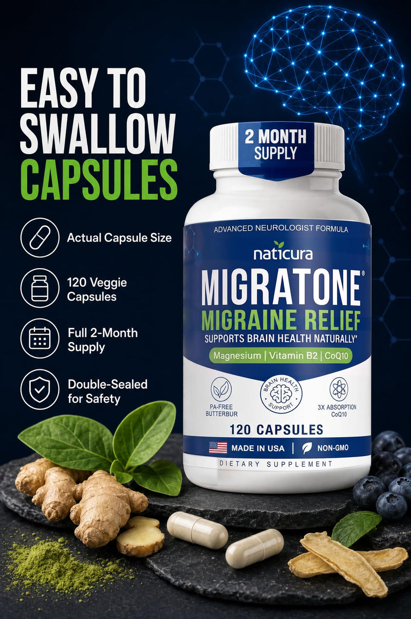 Naticura Migratone Migraine Relief with Magnesium Vitamin B2 Coq10 120 Caps | Magnesium Citrate, Riboflavin B2, B6, B12 & Feverfew for Daily Migraine Support, Brain Health, Vegan, Non-GMO, Made in USA 120 Count (Pack of 1)