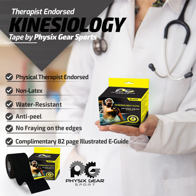 [Australia] - Physix Gear Sport Kinesiology Tape (2 Pack or 1 Pack), Best Waterproof Muscle Support Adhesive, 2in x 16.4ft Roll Uncut, Physio Therapeutic Aid for Injury Recovery Black (1 Pack + eGuide) 