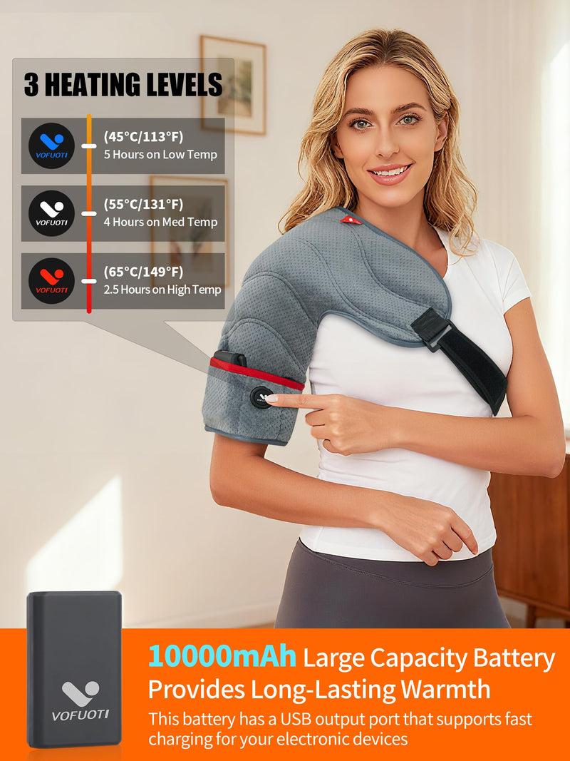 Vofuoti Portable Cordless Shoulder Heating Pad with 7.4V 10000mAh Battery | Heated Shoulder Brace with 3 Heat Settings, Rechargeable Electric Heated Shouldre Wrap Support for Men Women Gray FREE SIZE