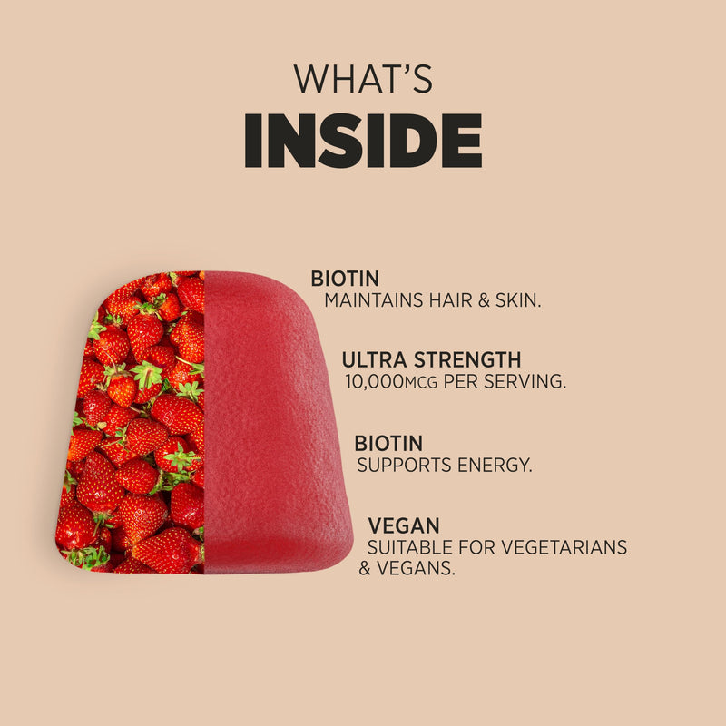 Biotin Hair Growth Gummies 10,000mcg | 90 Count | High Strength Biotin (Vitamin B7) for Hair and Skin Health | Natural Strawberry Flavour | Vegan Supplement | By Horbaach