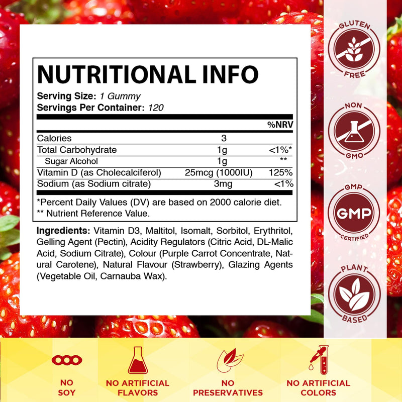 Vitamatic Sugar Free Vitamin D3-120 Pectin Based Gummies - Great Taste - Healthy Bones, Mood & Immune System Function - Non-GMO - 120 Servings (1000 IU)