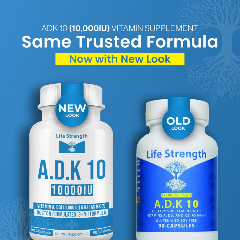 ADK 10 - ADK Vitamin Supplement - 90 Capsules - Maximum Potency Vitamin A, D3 10,000 IU & K2 (MK-7) for Healthy Bone, Heart & Immune Support - Non-GMO, Gluten Free(3-Month Supply) 90 Count (Pack of 1)