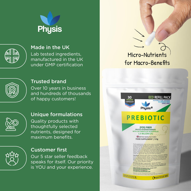 Physis Bio Cultures Blend Prebiotics | 30 Capsules | Pre and Probiotics for Gut Health | Bio Cultures Complex for Improved Digestion | Concentrated Lactobacillus Acidophilus Probiotics | Refill