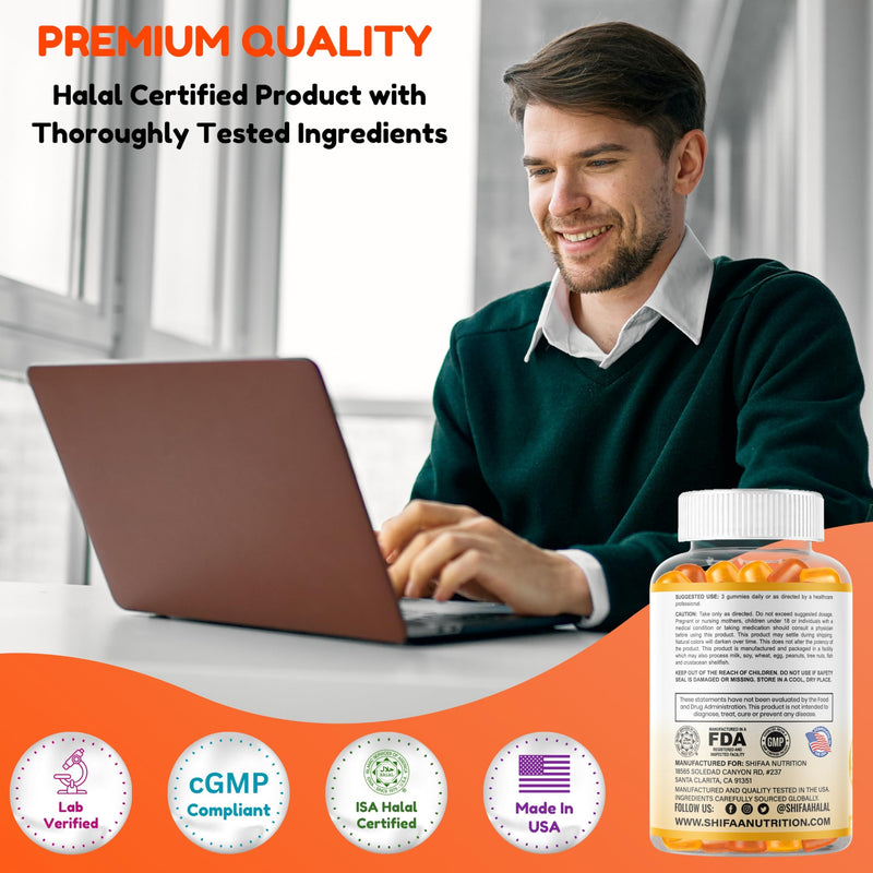 SHIFAA NUTRITION Vegan Omega 3 Gummies for Adults | No Fish Oil Burps | 60 Gummies | Plant Based w/Chia Oil, Algae | Omega 3 6 9 w/DHA, Vitamin C | for Brain, Cardiovascular & Immune Support Halal