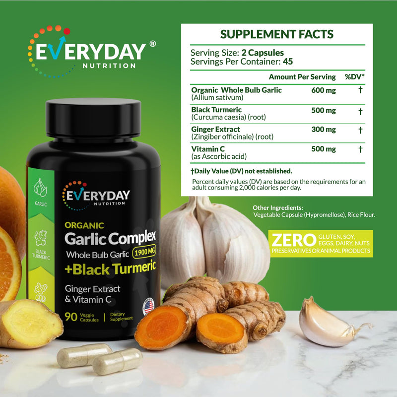 [Australia] - 4-in-1 Organic Odorless Garlic with Black Turmeric Supplements, 1900 mg Organic Whole Bulb Garlic, Turmeric, Ginger Extract & Vitamin C (90 ct) 