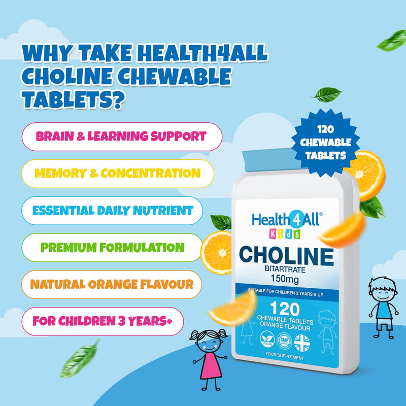 Health4All Kids Choline 150mg 120 Chewable Tablets for Children 3+, Supports Memory, Learning and Mood, Natural Vegan Orange Flavour, Sugar-Free | Made in UK (Not Gummies) 120 count (Pack of 1)