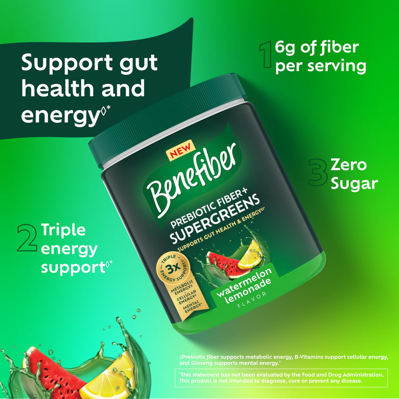 [Australia] - Benefiber Prebiotic Fiber + Supergreens Dietary Supplement Powder, Watermelon Lemonade Flavor, 8.8 oz (250g) 