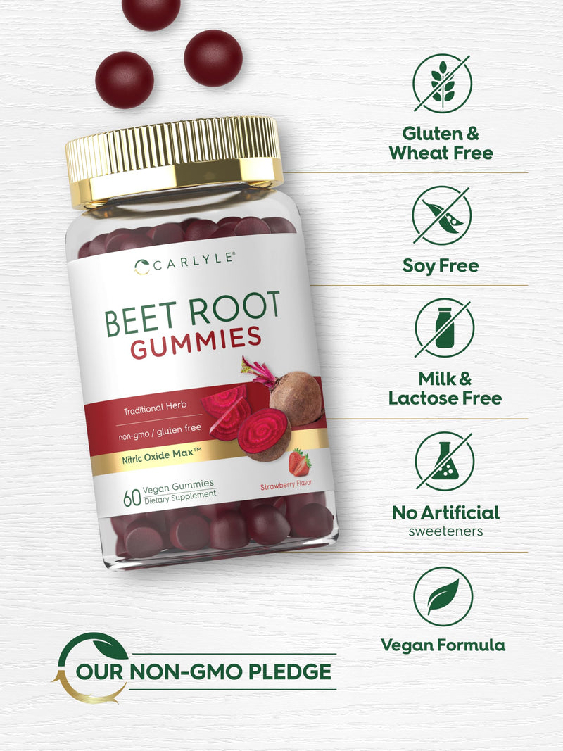 Carlyle Beet Root Gummies | 60 Count | Strawberry Flavor | Extract Supplement with Black Pepper and Vitamin C | For Men and Women | Beta Vulgaris | Vegan, Non-GMO, and Gluten Free