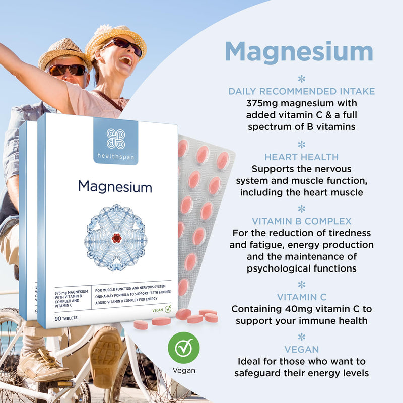 Healthspan Magnesium 375mg | Everyday Support for Muscles & Nervous System | Added B Vitamins Complex | Added Benefits for Your Bones, Teeth & Energy Levels | Vegan (180 Tablets) 90 count (Pack of 2)