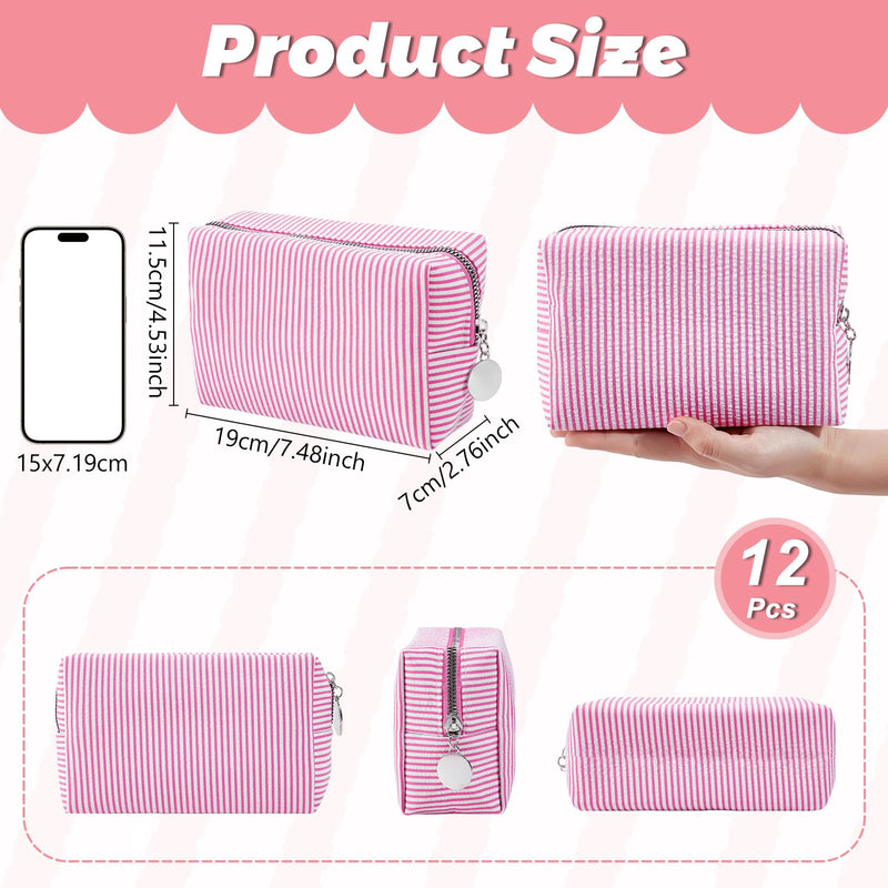 12Pcs Seersucker Makeup Bag Bulk Striped, Seersucker Cosmetic Bags Women, Large Travel Toiletry Bag Makeup Organizer Purse, Preppy Cosmetic Pouch for Wedding Bridesmaid Mom Gift (Pink) Pink 12