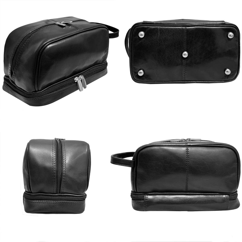 Leather Toiletry Bag for Men - Full Grain Travel Dopp Kit & Shaving Bag | Handcrafted, Dual Compartment, YKK Zipper, TSA Carry-On, Waterproof Lining, Metal Feets, Makeup & Cosmetic Organizer Black