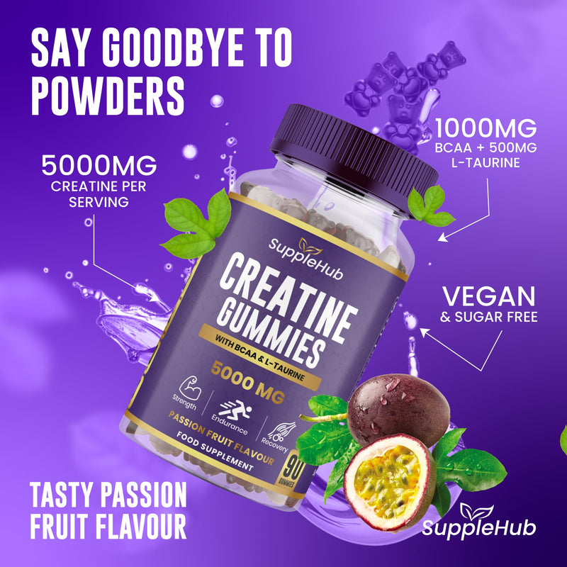 Creatine Gummies 5000mg - Creatine Monohydrate with BCAA & L-Taurine (90 Gummies), Vegan, Sugar Free, Gym Supplement, PassionFruit Flavour