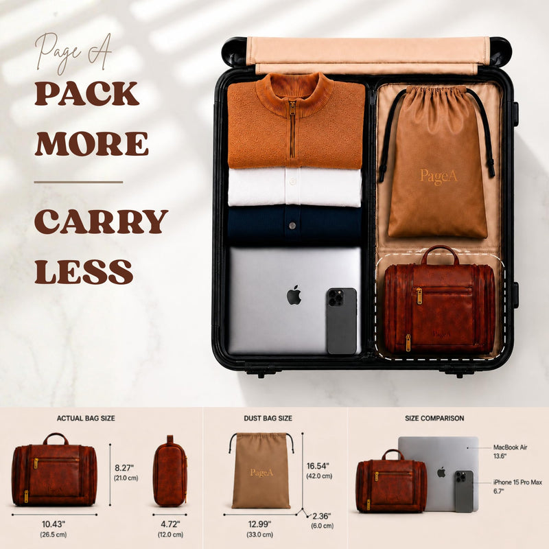 PageA Compact Travel Toiletry Bag for Men, Portable Hanging Dopp Kit | Water-Resistant PU Leather, 360° Hanging Hook, Multiple Compartments, Matching Dust Bag