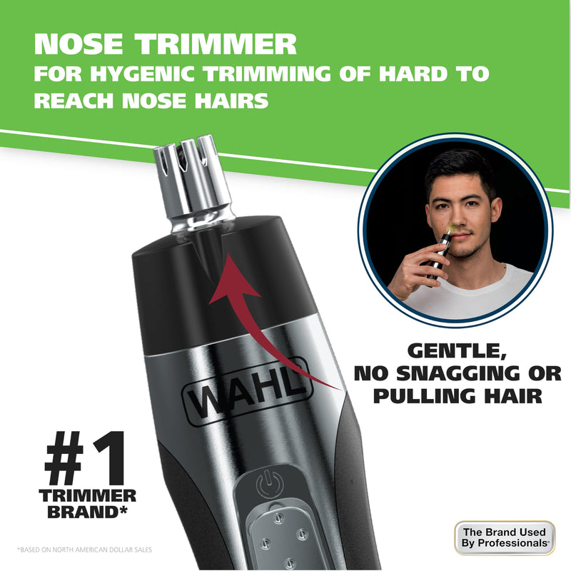 [Australia] - Wahl Lighted Battery Nose Hair Trimmer for Men & Women. Painless, Easy to See Nose, Ear, and Eyebrow Trimming with Built in Light, Battery Included. – Model 3023283 Black/Silver 3 Piece Set 