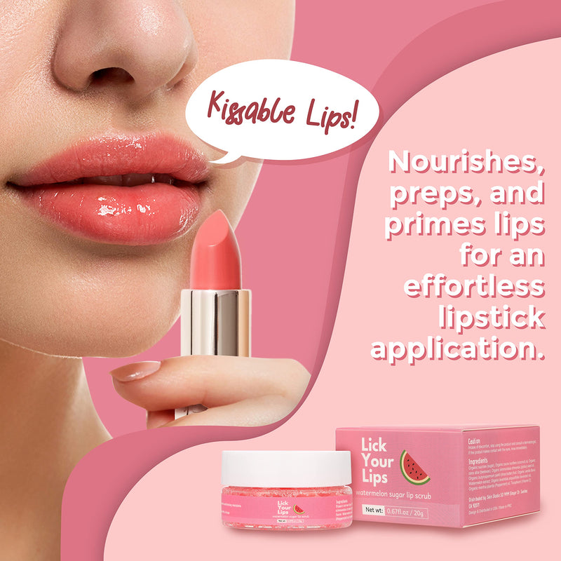 [Australia] - Watermelon Sugar Scrub for Dry, Cracked and Dark Lips by Lick Your Lips – Organic Lip Scrubs Exfoliator and Moisturizer with Lip Brush – Vegan, Cruelty-Free Lip Care Product (20g) Watermelon Sugar Lip Scrub 