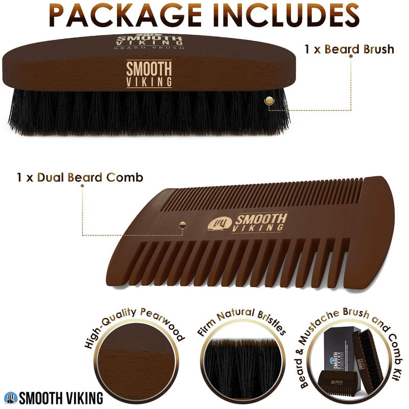 [Australia] - Smooth Viking Beard Brush & Comb Gift Set for Men - Natural Boar Bristle Hair Brush & Wooden Comb, Boar Brush for Facial Hair Styling, Grooming & Beard Shaping Tool, Men Hair Products - Brown 