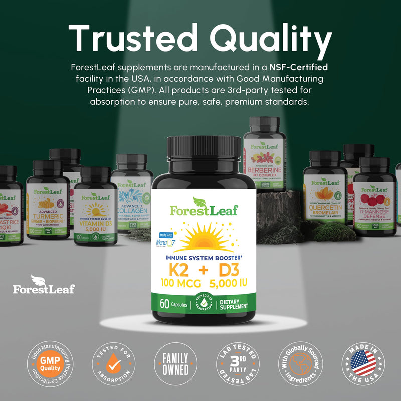 ForestLeaf Vitamin D3 + K2 (MK7) Supplement - MenaQ7 - Calcium and Vitamin D3 5000 IU Max Absorption - Teeth and Bone Strength, Heart Health, Immune System Support - 60 Veggie Capsules 5,000 IU - D3+K2 - 60 Count
