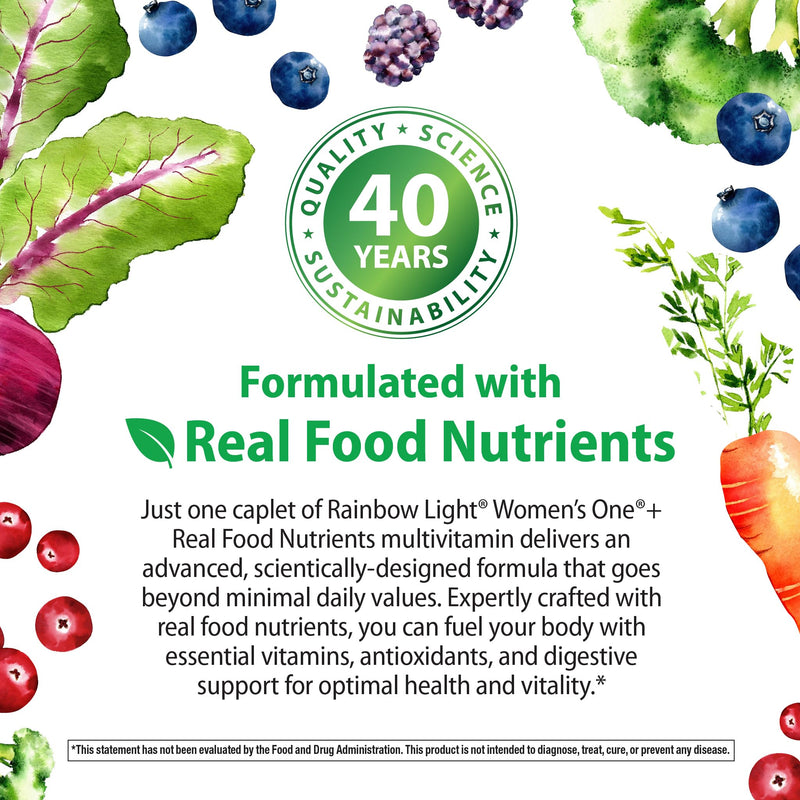 Rainbow Light Womens Multivitamin One + | 150 Caplets | Supports Cellular Energy & Antioxidant Health | Real Food Nutrients, Digestive Enzymes & Probiotics | with Vitamins C, D, and Zinc Women's One 150 Count (Pack of 1)