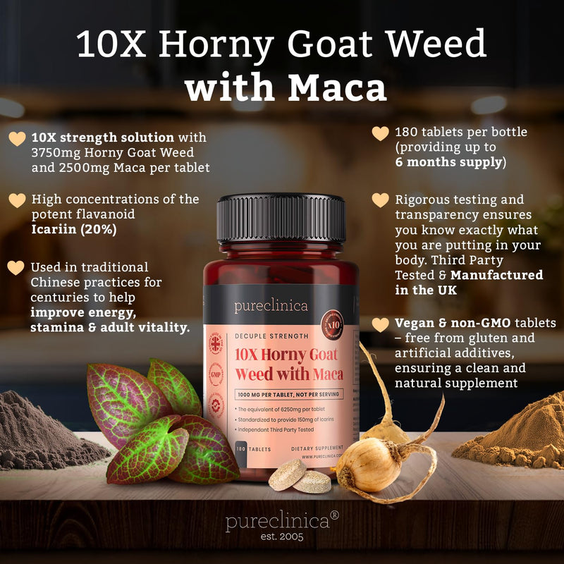 [Australia] - pureclinica 10X Horny Goat Weed & Maca Extract 6250mg x 180 Tablets (6 Months Supply) -10 X More Icariins - w/5mg Black Pepper Extract for 300% Increased Absorption 180 Count (Pack of 1) 