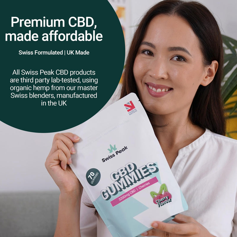 Swiss Peak, High-Strength 3200mg CBD Cherry Flavoured Gummies, 70 Gummies Per Tub, Non-GMO, All Natural & No THC, Vegan, Gluten-Free | UK-Made