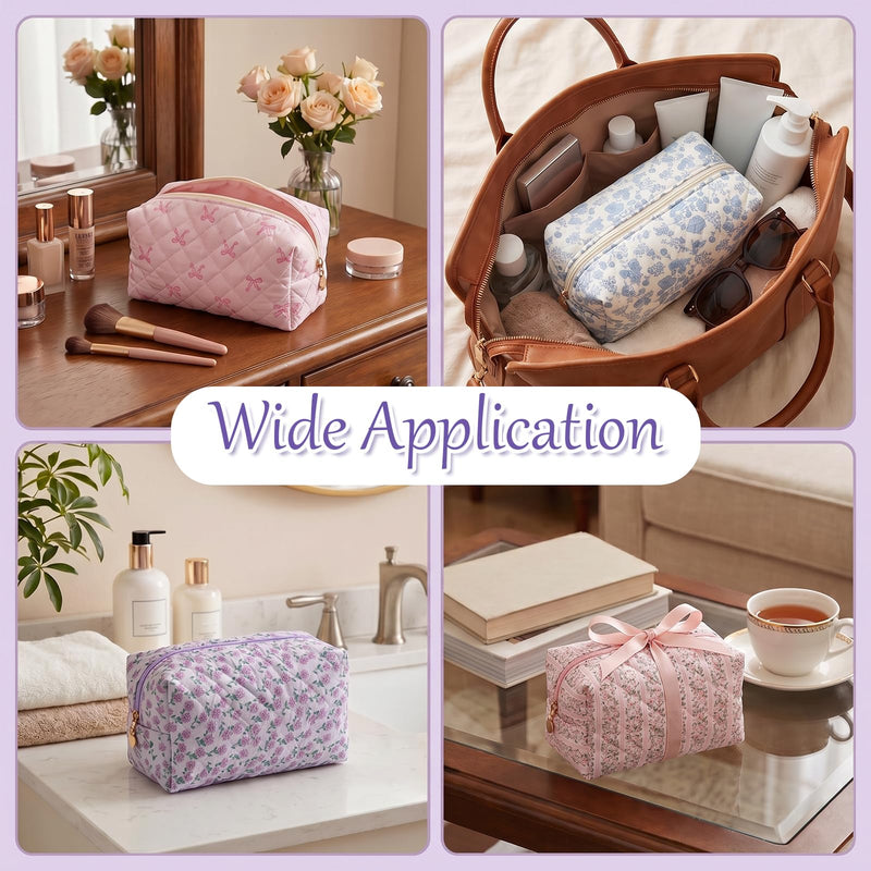 12 Pcs Quilted Makeup Bag Bulk, Floral Cotton Cosmetic Bag Set with Zipper | 8.3x3.9 Inch Aesthetic Travel Toiletry Organizer Pouch for Women Girls, Wedding Bridesmaid Proposal Gifts (Assorted Prints)