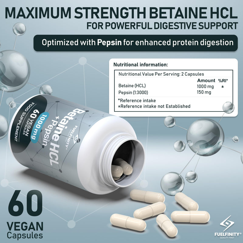 Betaine HCl Pepsin - 1000 mg - 60 Capsules - High Strength for Sensitive Digestion - Clean Betaine Hydrochloride to Support Protein Breakdown - FuelFinity® Superlative Quality 1 count (Pack of 60)