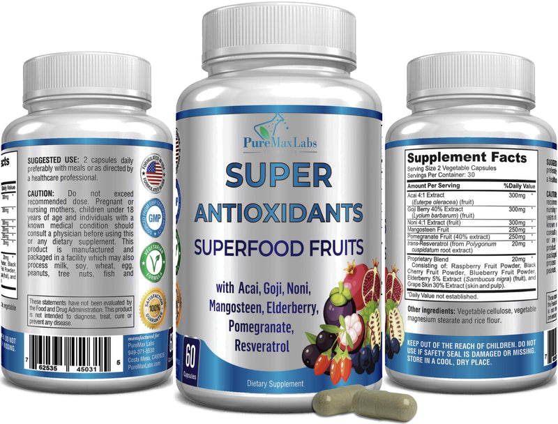 [Australia] - Super Antioxidant Fruit Superfood Complex - Powerful Antioxidant Superfruits, Acai, Goji, Noni, Mangosteen, Pomegranate, Elderberry, Resveratrol, Immune Support, Skin Care - 60 Capsules 
