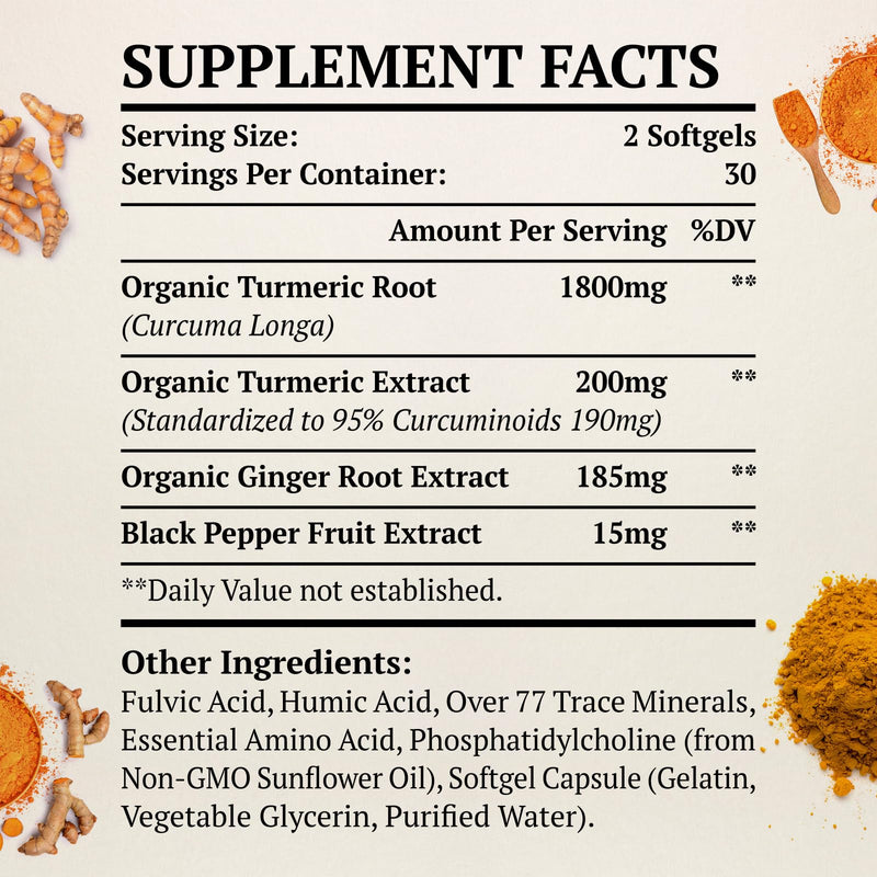 [Australia] - Liposomal Turmeric Curcumin Supplement 2000mg, 95% Standardized Curcuminoid Extract & Organic Root Powder with Piperine Black Pepper Fruit (15mg), 60 softgels, Non-GMO 60 Count (Pack of 1) 